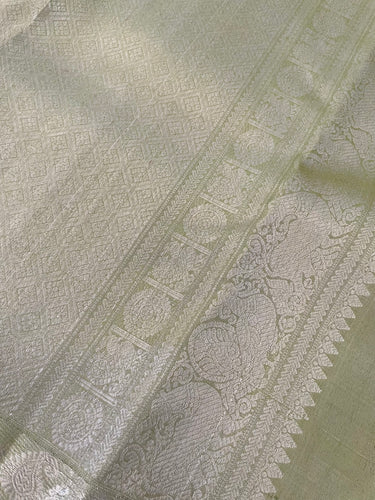 ShopNaya Exclusive | Metallic Kanchipuram Pure Silk Saree | Pastel Green | Pure Silver Zari | Handwoven | Ships from California